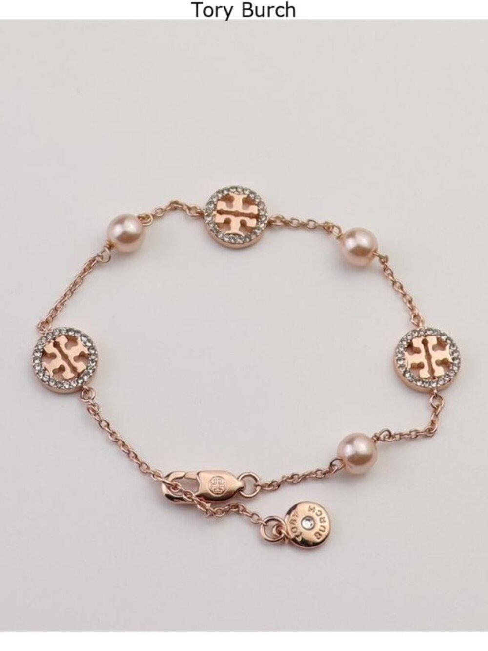 Tory Burch Rose Gold Pearl and Crystal Logo Station Bracelet